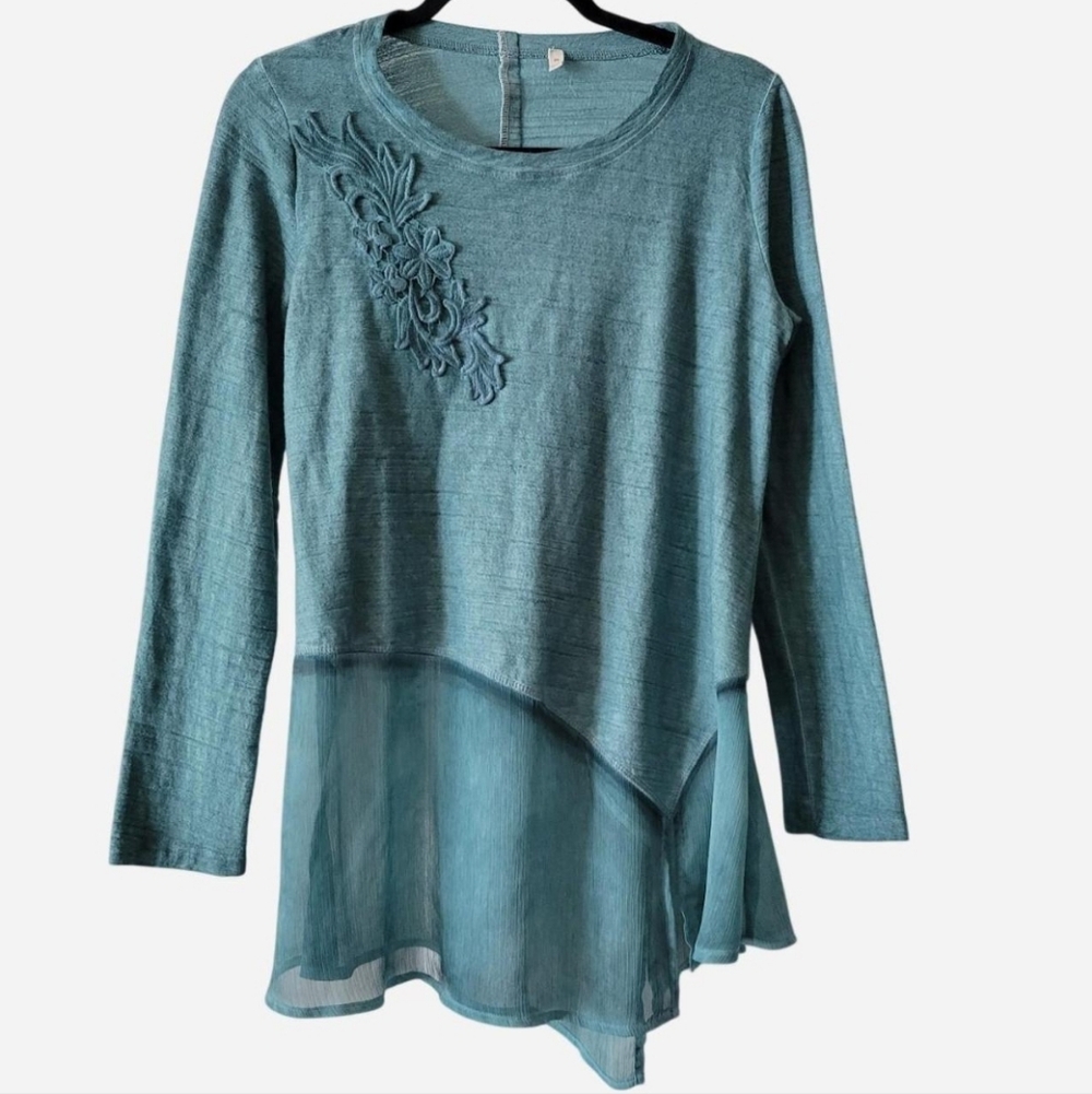 Soft Surroundings Esperanza Blue Top Shirt Petite Small PS Blouse Knit Cozy Cute